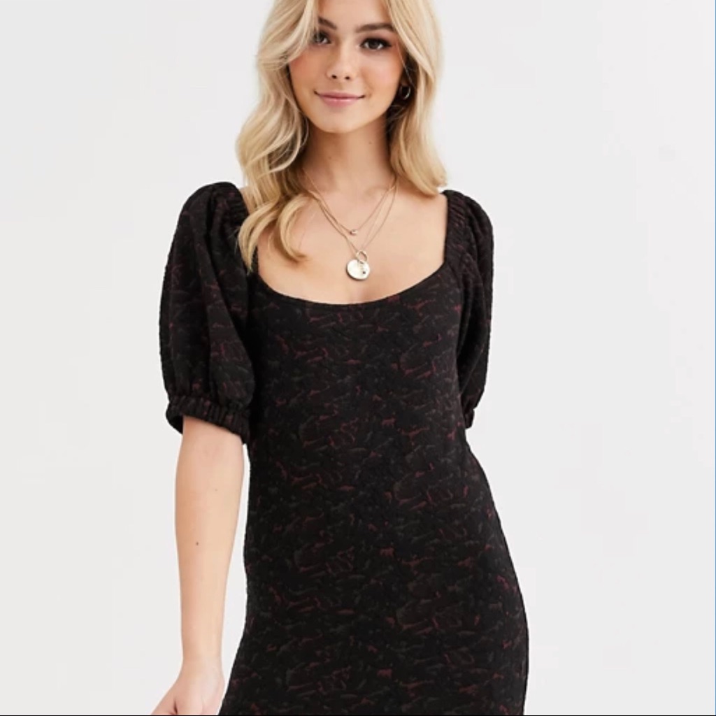 Free People Puff Sleeve Mini Dress Black/ Burgundy